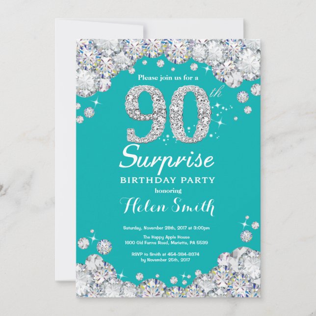 Surprise 90th Birthday Teal and Silver Diamond Invitation (Front)