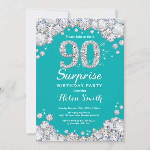 Surprise 90th Birthday Teal and Silver Diamond Invitation