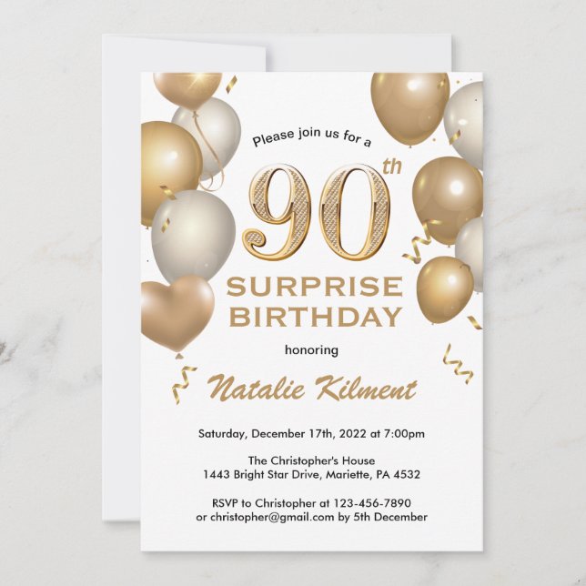 Surprise 90th Birthday White and Gold Balloons Invitation (Front)