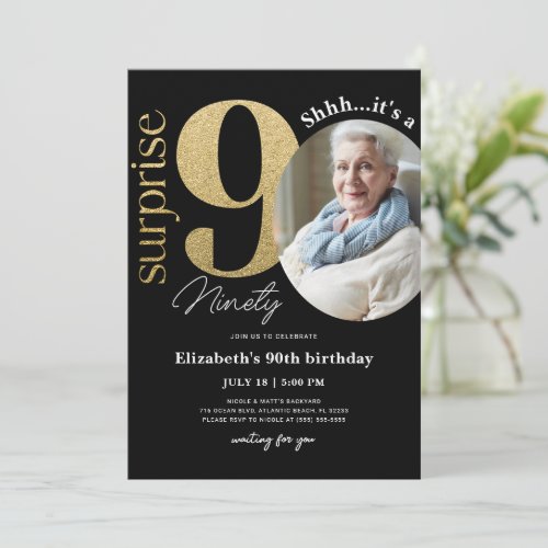 Surprise 90th Black Gold Birthday Invitation Photo