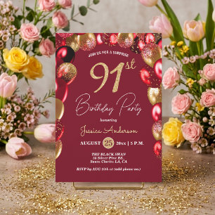 Surprise 91st Birthday Party Gold Burgundy Glitter Invitation