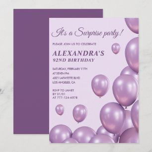 Surprise 92nd birthday invitations Purple Balloons