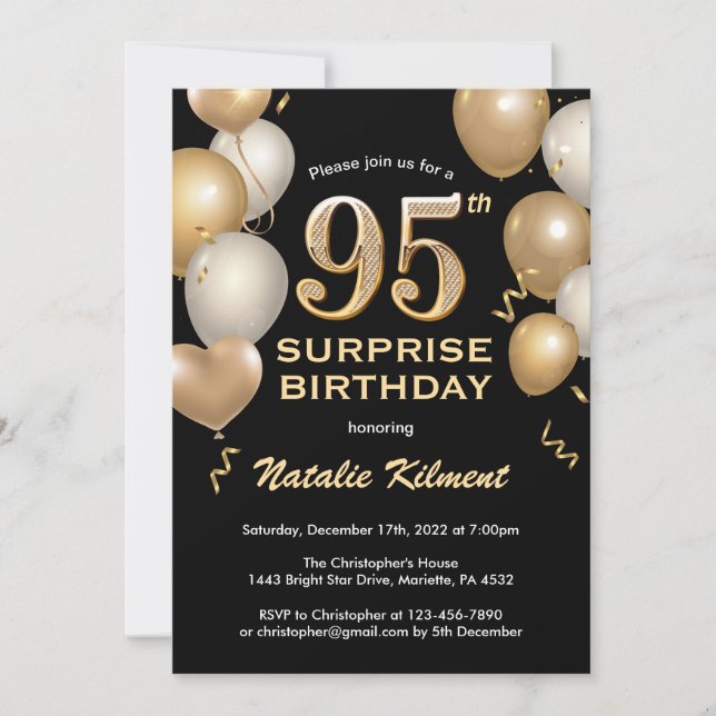 Surprise 95th Birthday Black and Gold Balloons Invitation (Front)