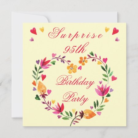 Surprise 95th Birthday Watercolor Floral Heart Invitation