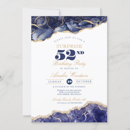 Surprise Adult Birthday Elegant Navy Agate Any Age Invitation