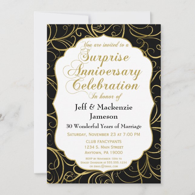 Surprise Anniversary Invitation Black Gold Swirl (Front)