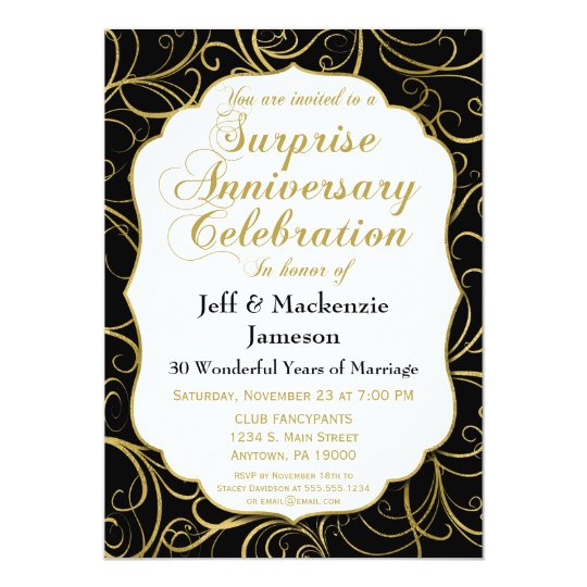 Surprise Anniversary Invitation Black Gold Swirl