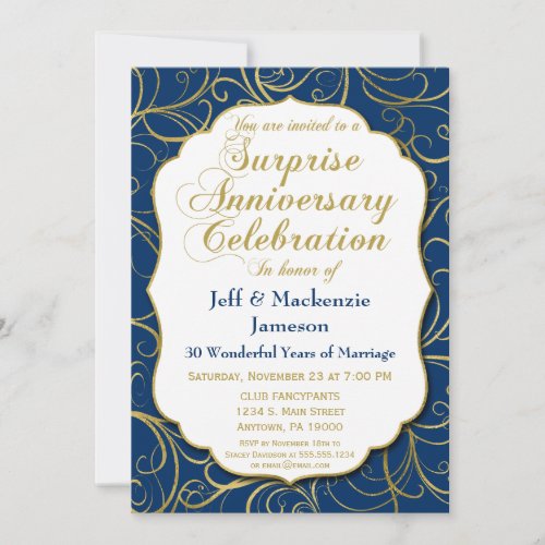 Surprise Anniversary Invitation Navy Gold Swirl