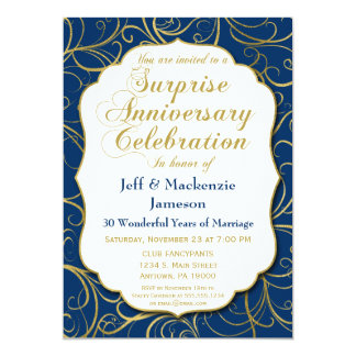Surprise Anniversary Invitation Navy Gold Swirl