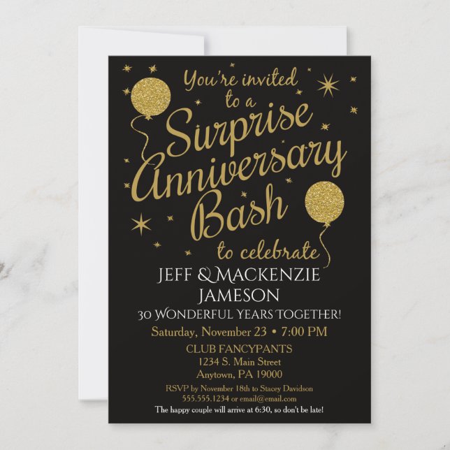 Surprise Anniversary Invitation Party Black Gold (Front)