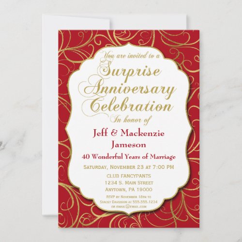 Surprise Anniversary Invitation Red Gold Swirl