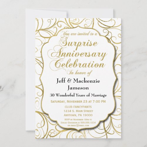 Surprise Anniversary Invitation White Gold Swirl