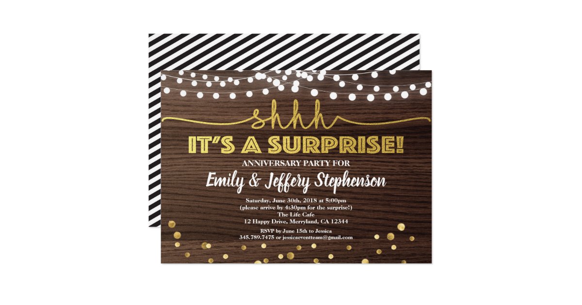 Surprise Anniversary Party Invitation Wood Gold Zazzle Surprise Anniversary Party Invitation