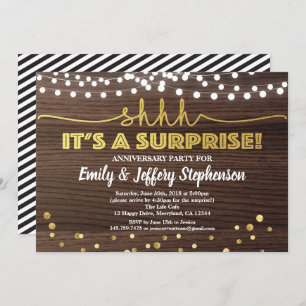 Surprise anniversary party invitation wood & gold