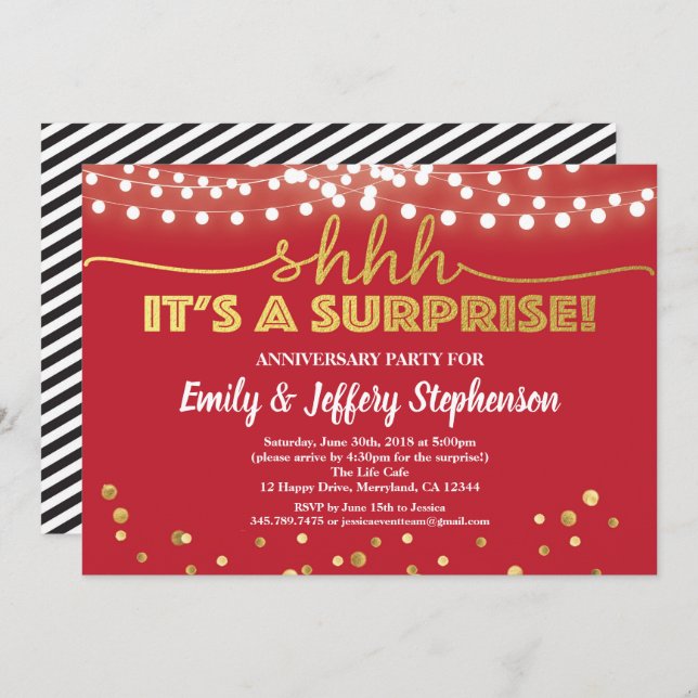 Surprise anniversary party ruby red & gold invitation (Front/Back)