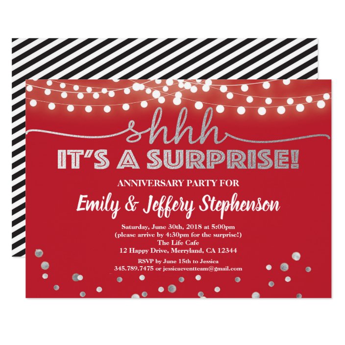 Surprise Anniversary Party Ruby Red Silver Invitation Zazzle Surprise Anniversary Party Ruby Red