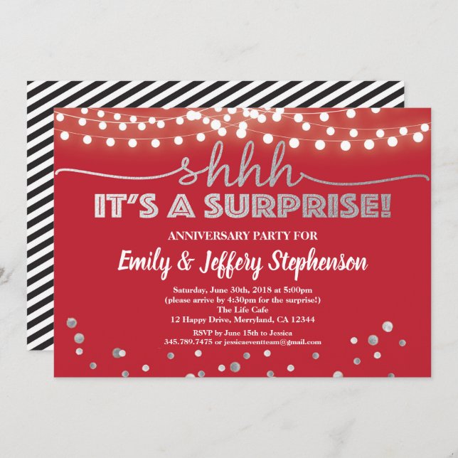 Surprise anniversary party ruby red & silver invitation (Front/Back)