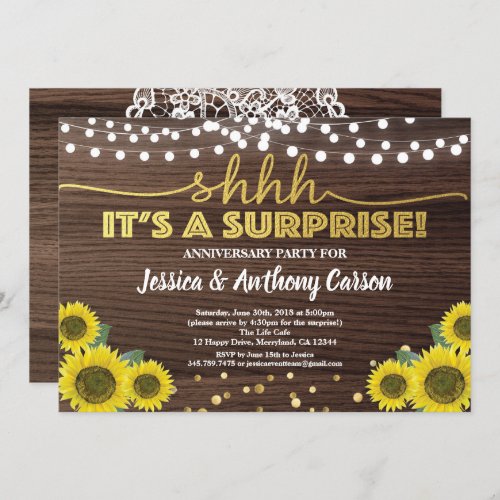 Surprise anniversary party rustic gold sunflower invitation