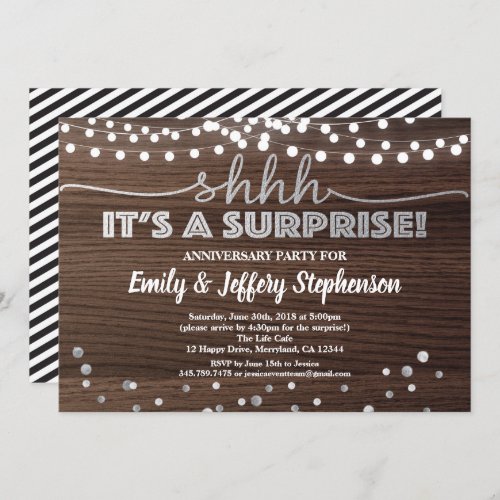 Surprise anniversary party wood  silver invitation