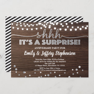 Surprise anniversary party wood & silver invitation