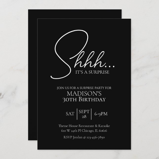Surprise Any Age 30th Black & White Birthday Invitation (Front/Back)