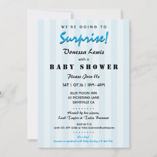 Surprise Baby Shower Blue Stripes Invitation