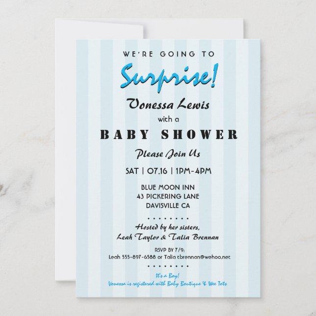 Surprise Baby Shower Blue Stripes Invitation (Front)