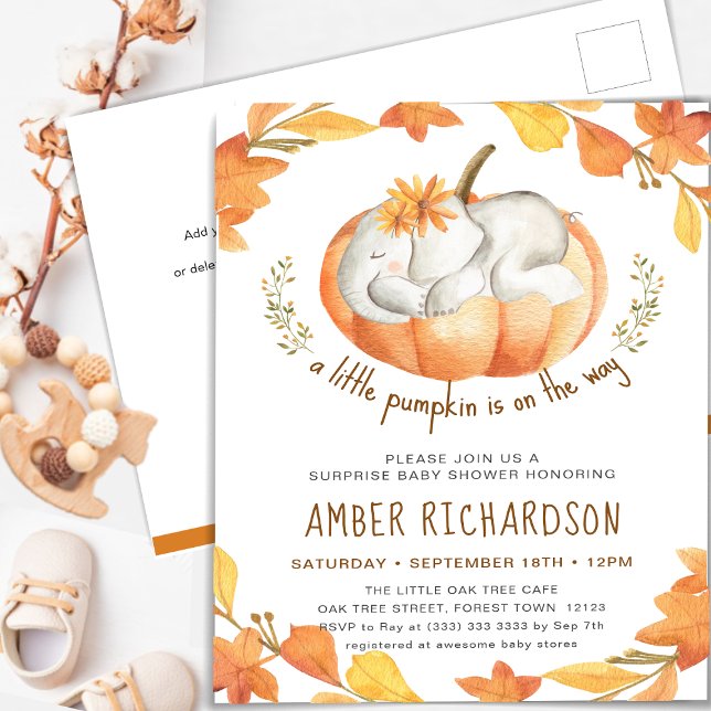 Surprise Baby Shower Elephant Girl Autumn Pumpkin Invitation Postcard (Creator Uploaded)