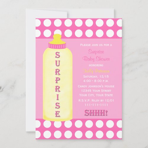 Surprise Baby Shower Invitation Pink Baby Bottle