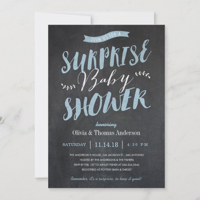 Surprise Baby Shower Invitations - Chalkboard Blue (Front)
