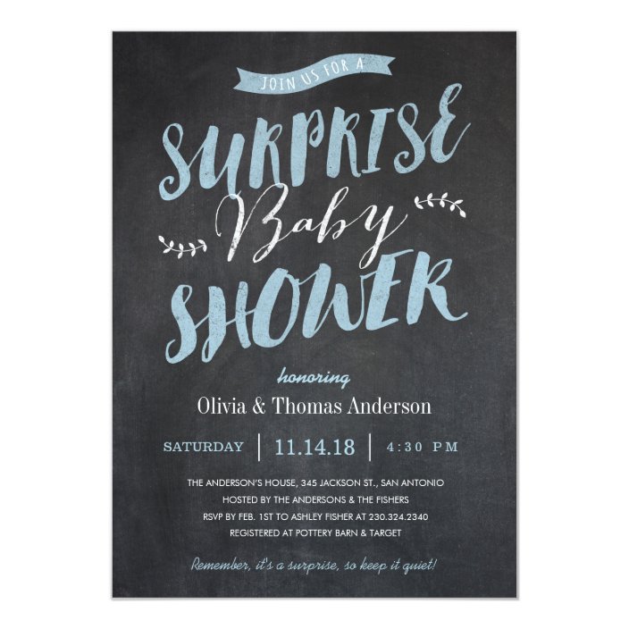 Surprise Baby Shower Invitations Chalkboard Blue