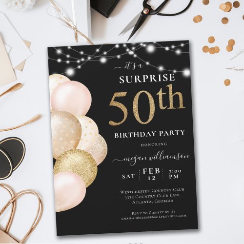Surprise Balloon Black Gold 50th Birthday Invitation