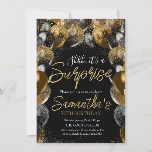 Surprise Balloons Birthday Black Gold Glitter Invitation