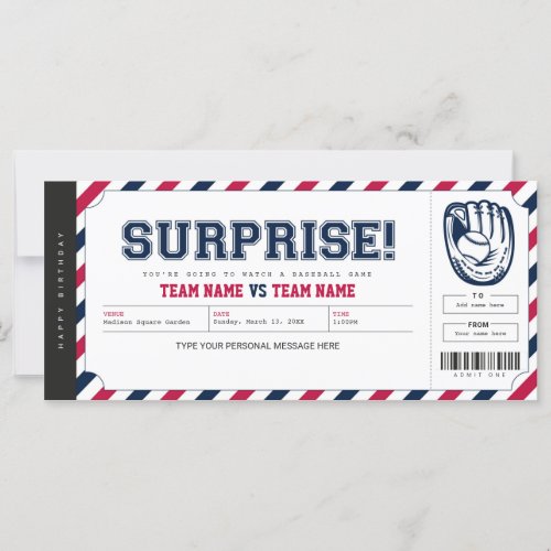 Surprise Baseball Game Personalized Gift Ticket