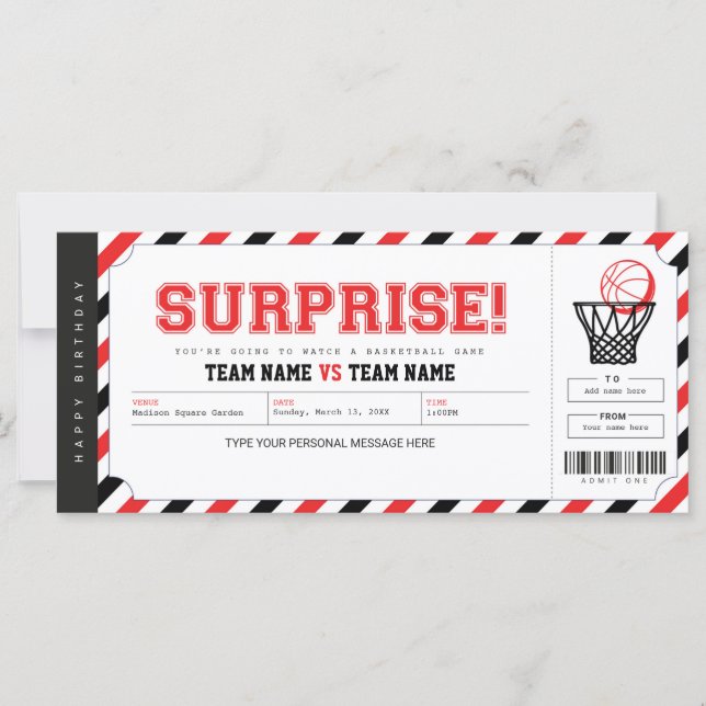 Surprise Basketball Game Personalized Gift Ticket (Front)