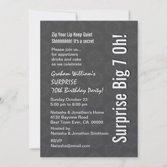 SURPRISE Big 7 Oh Birthday Gray Star Pattern Invitation (Front)