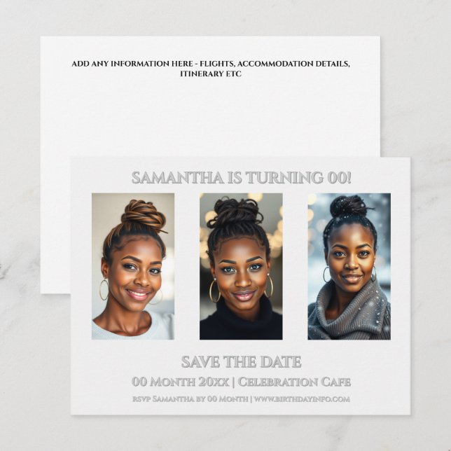 Surprise birthday any age 3 photo party template postcard (Front/Back)