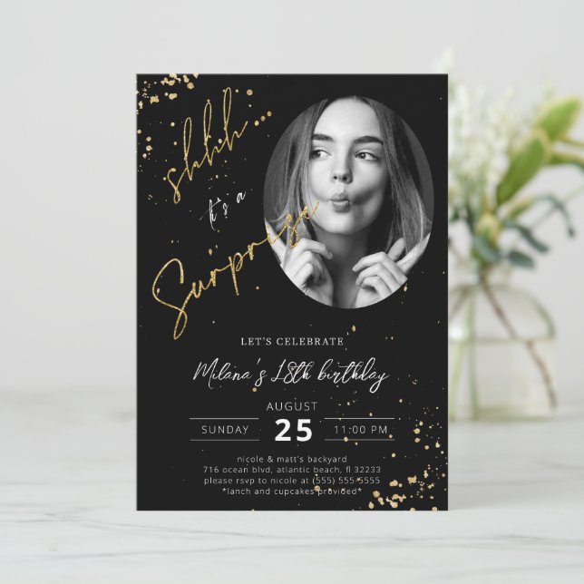 Surprise Birthday Black Gold Photo Invitation Card (Standing Front)