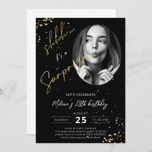 Surprise Birthday Black Gold Photo Invitation Card Zazzle