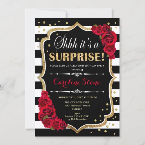 Surprise Birthday _ Black White Stripes Red Roses Invitation