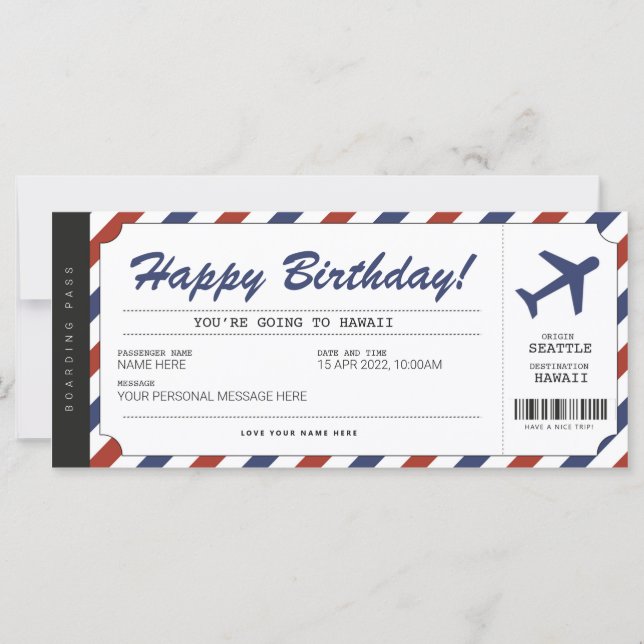 Surprise Birthday Boarding Pass Plane Gift Ticket (Front)