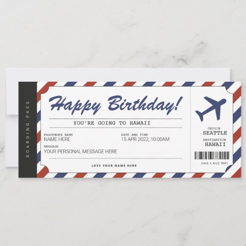 Surprise Birthday Boarding Pass Plane Gift Ticket Invitation