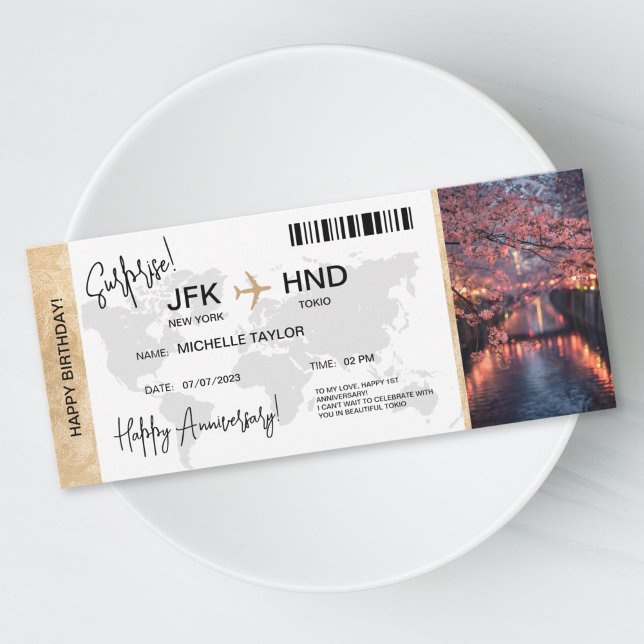 Surprise Birthday Boarding Pass Tokio Trip Ticket Invitation (Anniversary surprise trip boarding pass ticket, destination Tokio, cherry blossom)