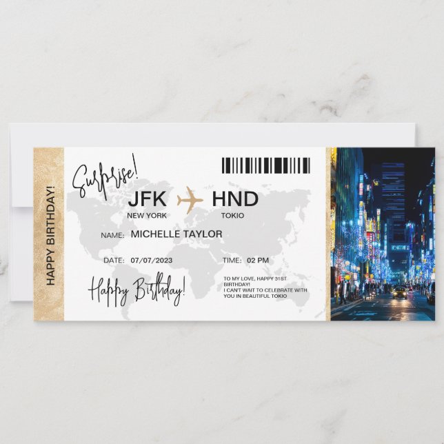 Surprise Birthday Boarding Pass Tokio Trip Ticket Invitation (Front)