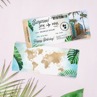 Surprise Birthday Boarding Pass Trip Ticket Beach  Invitation