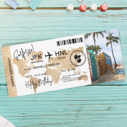 Surprise Birthday Boarding Pass Trip Ticket Hawaii Invitation
