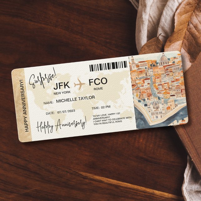 Surprise Birthday Boarding Pass Trip Ticket Invitation (surprise boarding pass ticket trip to rome with watercolor illustrated map)