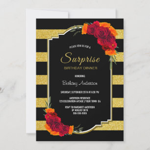 Surprise Birthday Dinner Black Gold Striped Floral Invitation