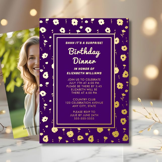 Surprise Birthday Dinner Party Floral Elegant  Foil Invitation (Creator Uploaded)