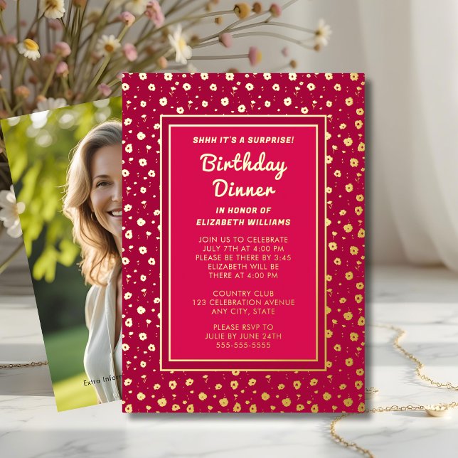 Surprise Birthday Dinner Party Floral Elegant  Foil Invitation (Creator Uploaded)